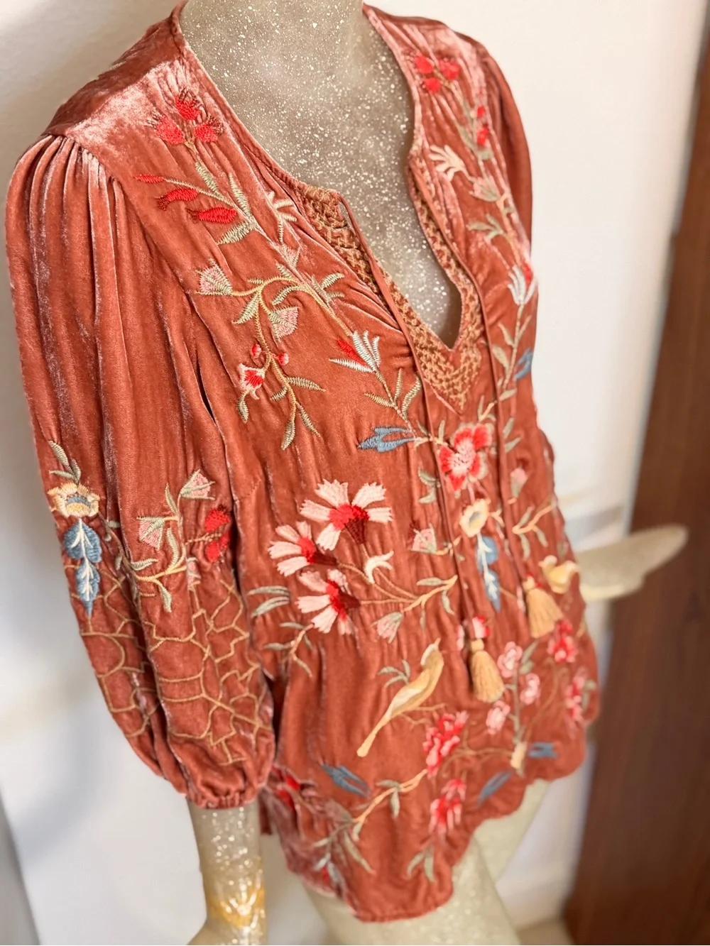 Johnny Was Clara Velvet Embroidered Peasant Silk/Rayon Blouse w/ Tassels. Sz XS